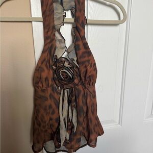 PrettyLittleThing Brown Leopard Halter Blouse
